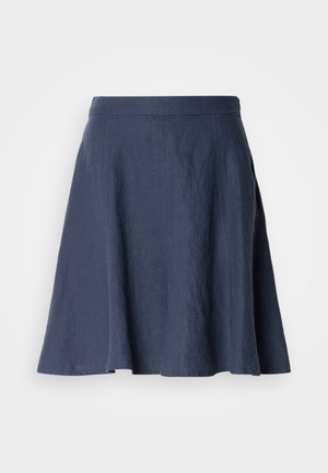 Navy blue linen skirt with a flared design, lightweight texture, mid-length cut, and stitched detailing along the seams.