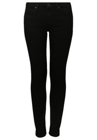 Jeans ajustados negros de mezclilla. Las características incluyen un diseño clásico de cinco bolsillos, cierre frontal con botón y un ajuste Slim en las piernas.