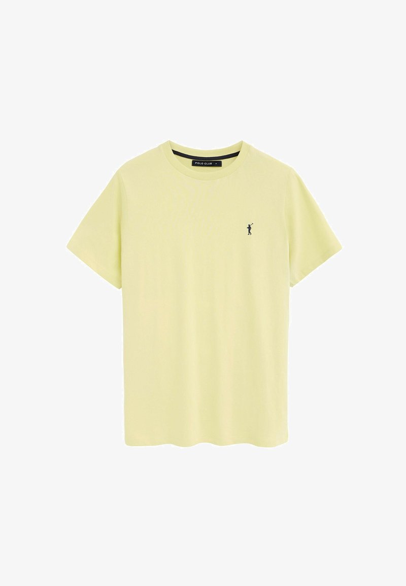 T-shirt a maniche corte di colore giallo chiaro con scollatura rotonda e un piccolo logo scuro di un giocatore di polo sul lato sinistro del petto.