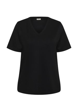 Haut noir à manches courtes avec col en V, coupe ample et détail subtil de couture verticale au centre avant.