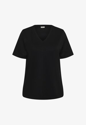 Haut noir à manches courtes avec col en V, coupe ample et détail subtil de couture verticale au centre avant.