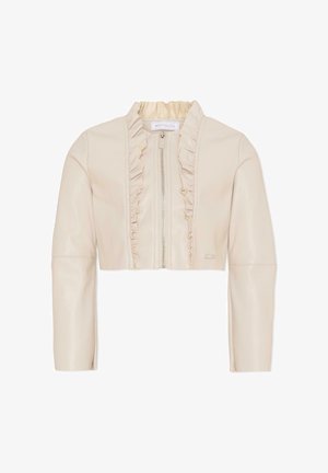 Gewatteerd, crème-kleurig jack met geplooide rand langs de voorrits en kraag, voorzien van lange mouwen en een gladde afwerking.