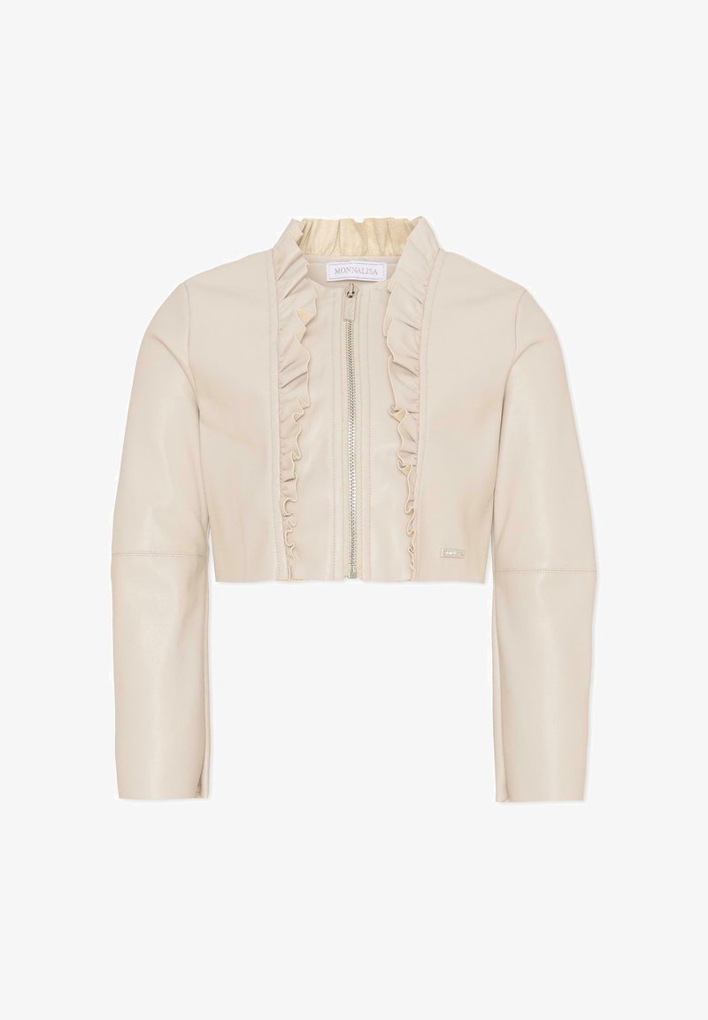 Veste courte de couleur crème avec bordure à volants le long de la fermeture éclair frontale et du col, dotée de manches longues et d'une finition lisse.