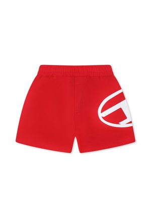 Costume da bagno rossi con un logo bianco sul lato sinistro, vita elastica e un tessuto morbido e leggero, ideale per attività acquatiche.