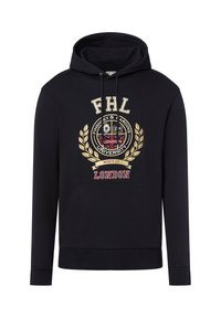 Schwarzer Hoodie mit einer Fronttasche, ausgestattet mit einem goldenen und roten gestickten Logo, Lorbeerdesign und dem Text "FHL LONDON UNIVERSITY MMXVI".