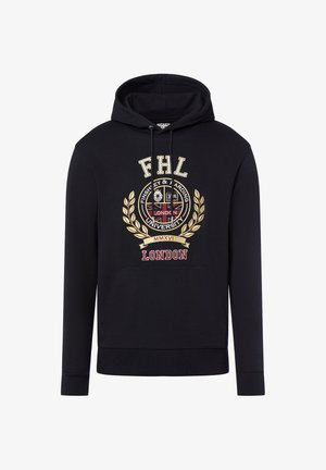 Felpa nera con tasca frontale, caratterizzata da un logo ricamato in oro e rosso, design di alloro e testo "FHL LONDON UNIVERSITY MMXVI".
