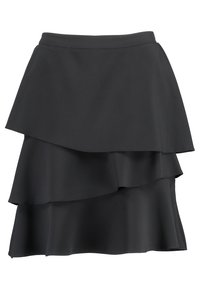 Svart lagerkort kjol med tre asymmetriska överlappande våningar och en slät midjeband.