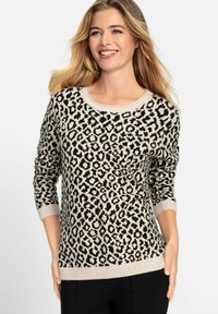 Leopardenmuster-Pullover in Beige und Schwarz, mit Rundhalsausschnitt, geripptem Saum und Bündchen, langen Ärmeln und lockerer Passform.
