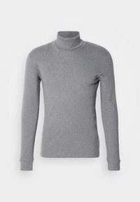Grau Rollkragenpullover aus weichem Stoff, mit langen Ärmeln und eng anliegendem Kragen. Einfaches Design ohne Muster oder Akzente.