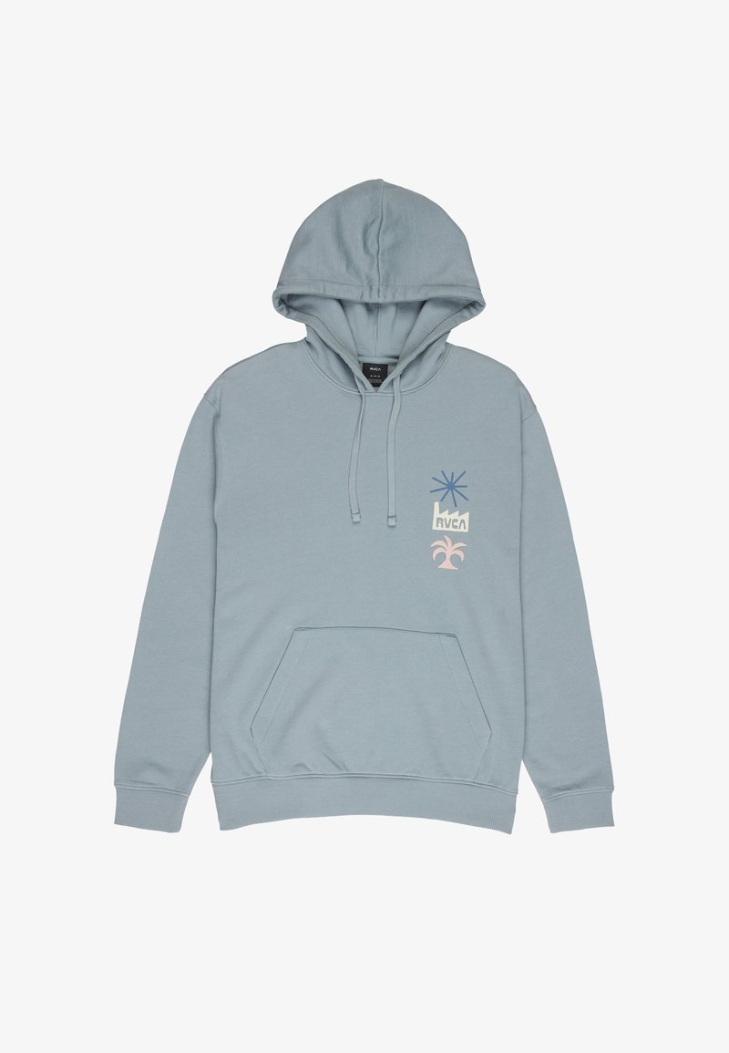 Jasnoniebieska bluza z kapturem, z kieszenią z przodu, sznurkami oraz małą grafiką niebieskiej gwiazdy, białym napisem „RVCA” i różową palmą na piersi.