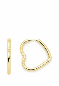 Boucles d'oreilles en forme de cœur en or, avec une surface lisse et brillante et une fermeture à charnière ronde. Elles présentent un design épais et audacieux, sans embellissements supplémentaires.