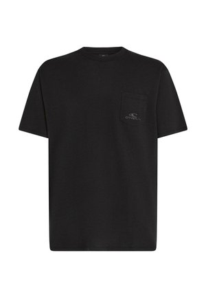 Black cotton t-shirt with short sleeves, round neck, pocket on the left chest, and embossed logo detail. Plain design, regular fit.