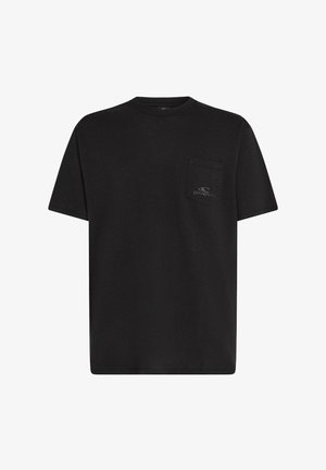 Black cotton t-shirt with short sleeves, round neck, pocket on the left chest, and embossed logo detail. Plain design, regular fit.