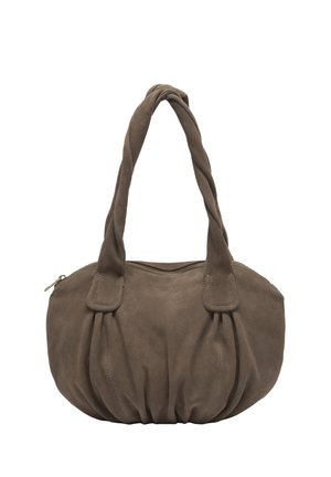 Sac à main taupe à texture douce avec poignées doubles torsadées, fermeture éclair sur le dessus et détails froncés à la base.