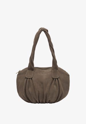 Weiche, strukturiert taupefarbene Handtasche mit verdrehten doppelten Griffen, Reißverschlussverschluss oben und gerafften Details am Boden.