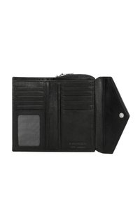 Zwarte leren portemonnee met meerdere kaartsleuven, een doorzichtige ID-venster en een ritscompartiment. Drukknopsluiting op een vouwontwerp.