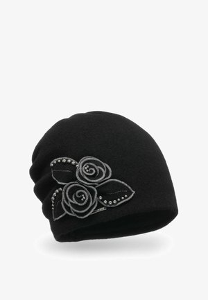 Sort hue hat lavet af blødt uld med et blomstermotiv, der har sølvbroderi og perler, hvilket skaber et struktureret, lagdelt udseende.