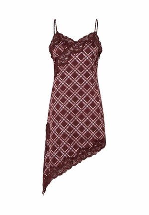 Burgundna obleka brez rokavov z belo karo vzorcem, čipkasto obrobo ob izrezu in asimetričen rob, z tankimi nastavljivimi naramnicami.