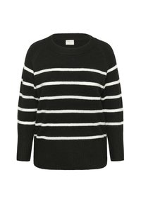 Black and white striped knit sweater with a round neckline, long raglan sleeves, and a soft texture. Casual fit with a relaxed silhouette.