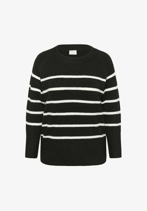 Black and white striped knit sweater with a round neckline, long raglan sleeves, and a soft texture. Casual fit with a relaxed silhouette.