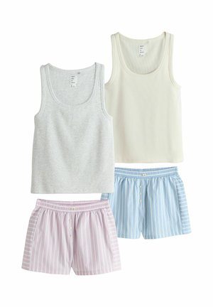 Dve tielka bez rukávov, jedno svetlosivé a jedno krémové, skombinované s ružovými a modrými pásikavými šortkami s gombíkmi vpredu.