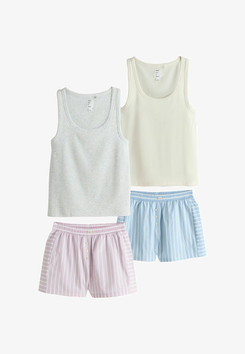 Deux débardeurs sans manches, un gris clair et un blanc cassé, assortis à des shorts boutonnés à rayures roses et bleues.
