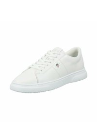 Sneaker bianchi in pelle con punta arrotondata, design con lacci, suola in gomma testurizzata e piccolo logo ricamato di lato. Finitura liscia.