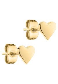 Goldene, herzförmige Ohrstecker mit glatter Oberfläche und polierter Oberfläche, ausgestattet mit einer Stiftbefestigung und einem abgerundeten Design.