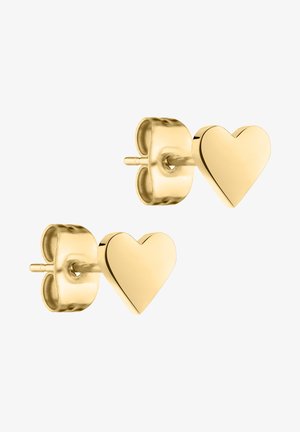 Goldene, herzförmige Ohrstecker mit glatter Oberfläche und polierter Oberfläche, ausgestattet mit einer Stiftbefestigung und einem abgerundeten Design.