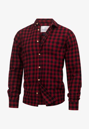 Rot-schwarz kariertes Flanellhemd mit Button-Down-Kragen, Holzknöpfen, langen Ärmeln und einem entspannten Schnitt.