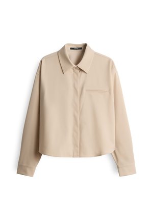 Beige Langarm-Cropped-Shirt mit spitzem Kragen, verdeckten Frontknöpfen und einer aufgesetzten Brusttasche.