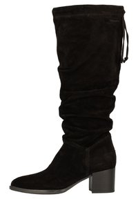 Black suede knee-high boot with a slouchy design, tapered toe, and a block heel. Features a drawstring detail at the top.