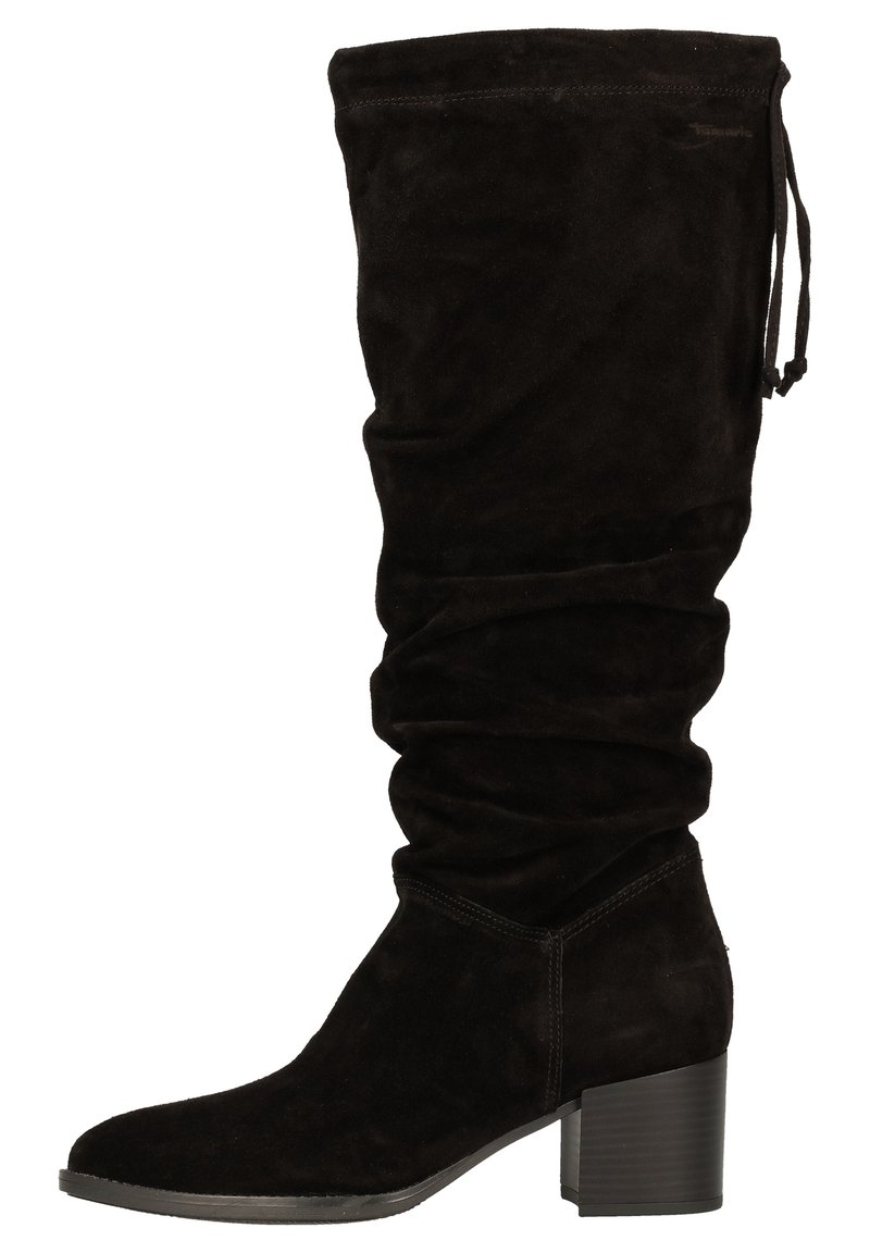 Black suede knee-high boot with a slouchy design, tapered toe, and a block heel. Features a drawstring detail at the top.