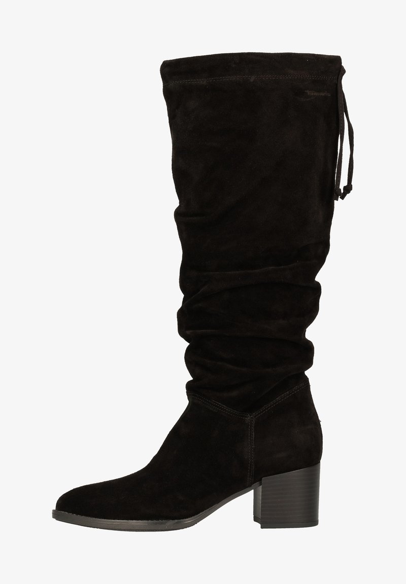 Black suede knee-high boot with a slouchy design, tapered toe, and a block heel. Features a drawstring detail at the top.