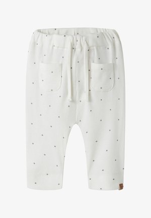 Pantalon bébé blanc avec des pois gris, poches avant et taille élastique avec cordon.
