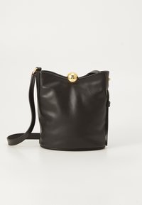 Borsa a secchiello in pelle nera con forma arrotondata, dettaglio in metallo dorato sulla parte superiore e tracolla. Texture liscia, design minimalista.