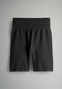 Schwarze sportliche Shorts aus glattem Stoff, mit einem breiten, elastischen Bund und geradem Schnitt mit umgeschlagenen Säumen.
