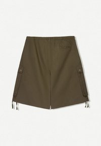 Olive green cargo shorts with an elastic waistband, side pockets, and drawstrings at the hems. Made from lightweight fabric.