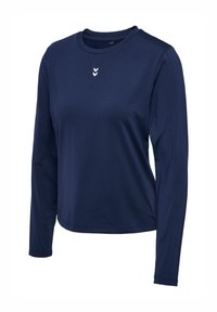 Marineblaue langärmlige Sportshirt aus glattem Stoff, mit Rundhalsausschnitt und kleinem weißen Chevron-Logo auf der Vorderseite.