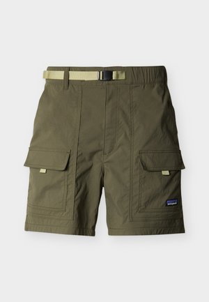 Olive green cargo shorts with two large front flap pockets and a beige adjustable belt with black buckle at the elastic waistband.