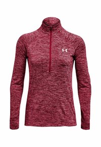 Maglione a maniche lunghe rosso melange con collo con cerniera, realizzato in un tessuto leggero e testurizzato. Presenta un piccolo logo bianco sul petto.