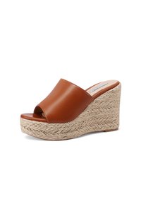 Sandalo con zeppa platform in pelle marrone e punta aperta, caratterizzato da una texture in juta intrecciata per la suola, un upper liscio e un design minimalista.