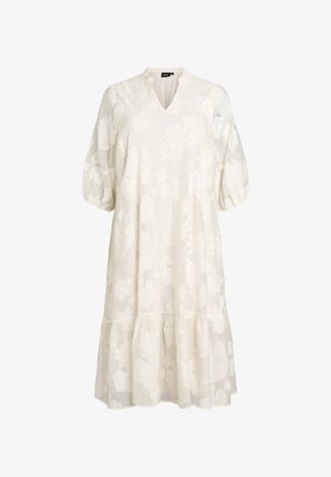 Balta, ceļgalu garuma kleita ar pūstām elkoņa piedurknēm, V veida izgriezumu, ziedu žakarda rakstu un savākta apakšmalu detaļu.