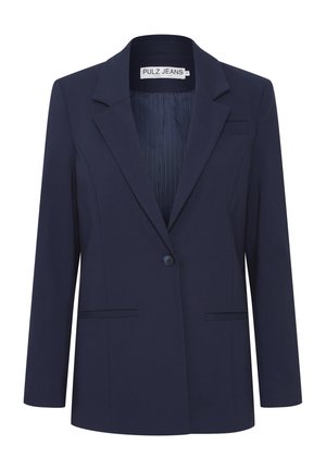 Marineblå skræddersyet blazer med enkelt knaplukning, slagkrave, to forlommer og stikninger i foderet. Glat stofstruktur.