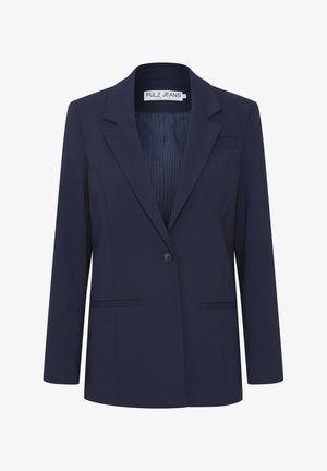 Marineblå skræddersyet blazer med enkelt knaplukning, slagkrave, to forlommer og stikninger i foderet. Glat stofstruktur.