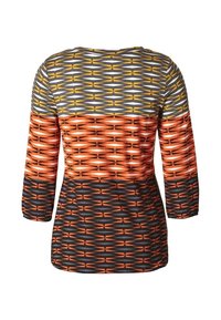 Pitkähihaista puseroa, jossa on geometrinen kuvio keltaisen, harmaan, oranssin ja mustan sävyissä. Pehmeä kangas, joka on löysästi istuva.