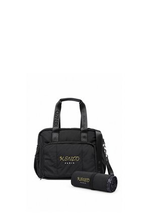 Bolso negro Kenzo Paris con dos asas y un bolsillo frontal con cremallera, acompañado de un accesorio enrollado a juego con texto del logo dorado.