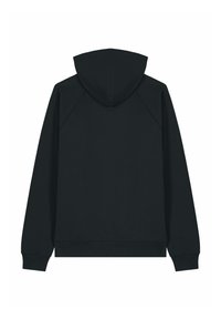 Felpa nera con cappuccio e vestibilità rilassata. Presenta maniche raglan, polsini a costine e una texture morbida. Nessun logo o decorazione visibile.