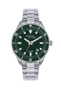 Montre-bracelet en métal argenté avec un cadran vert foncé, aiguilles et repères lumineux, lunette rotative, guichet de date à 4 heures, et logo "BREIL TRIBE".