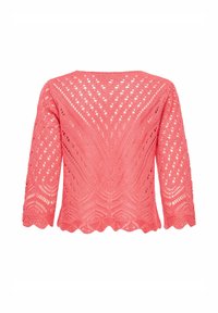 Pull en tricot corail à manches 3/4, doté d'un motif en dentelle et d'un ourlet en forme de vagues. Le design texturé crée une apparence légère et aérienne.